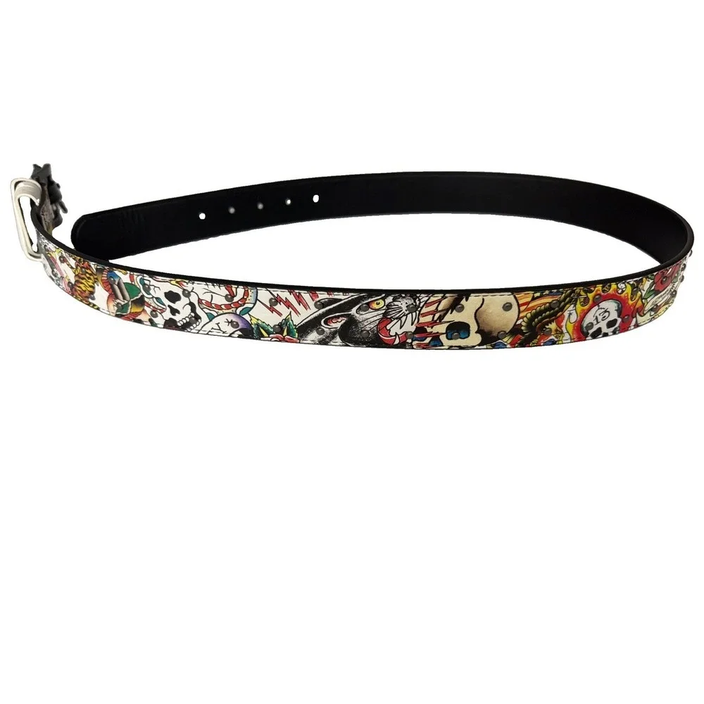 Ed Hardy Men's Skull Tiger Panther Print Belt With Hammered Rivet Studs SZ 40 NW